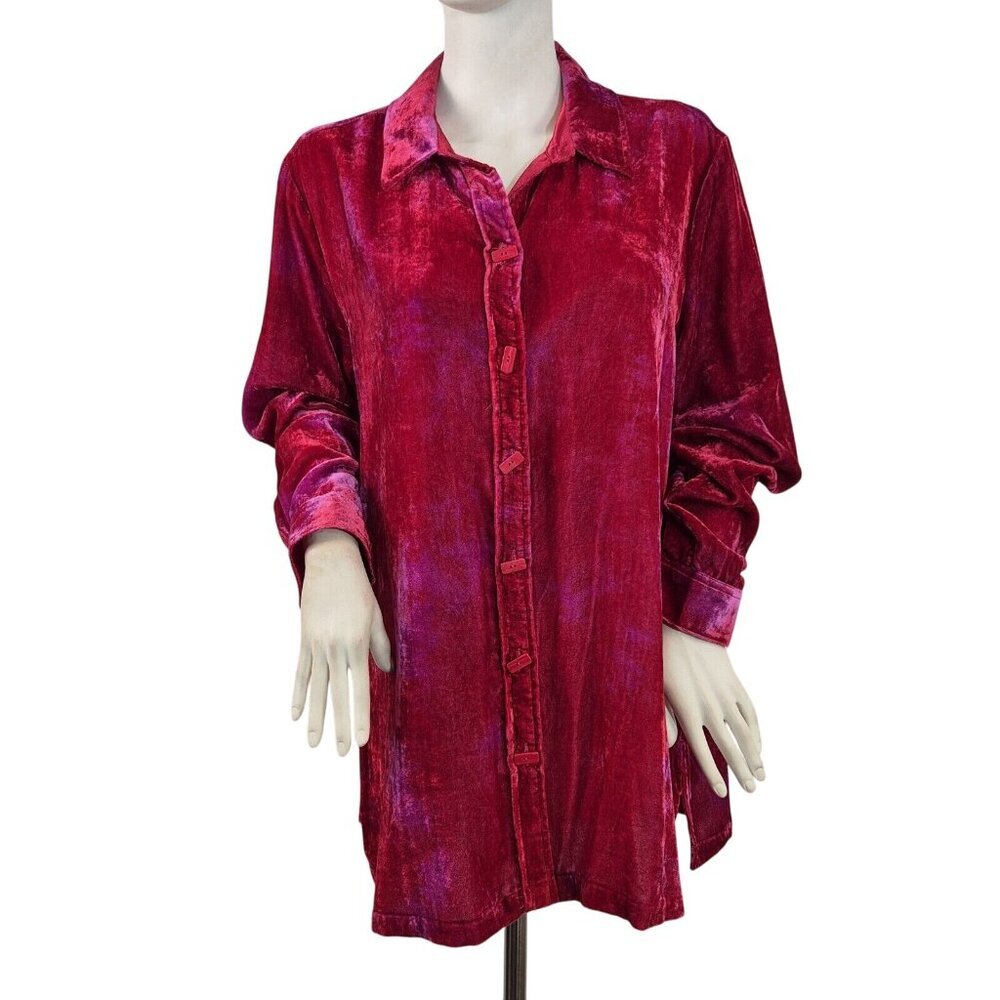 John Mark Women's Shirt Size L Red Pink Velvet Long Sleeve Button Front Tunic 44